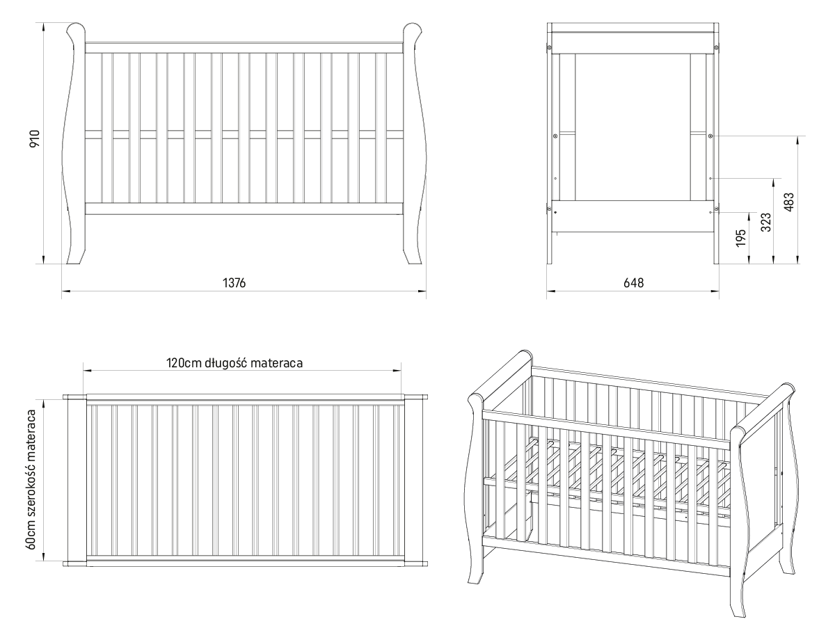 Schemat z wymiarami łóżeczka