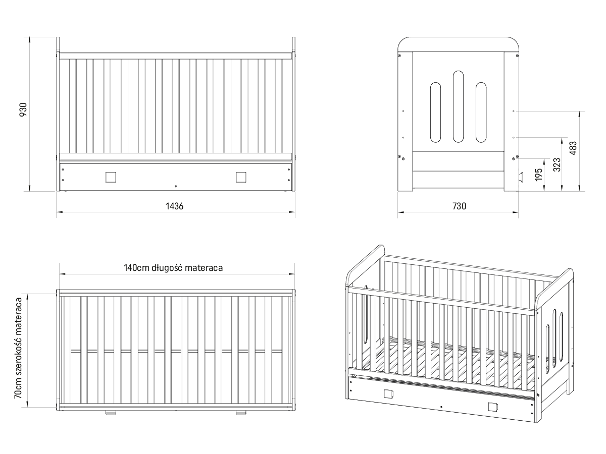 Schemat z wymiarami łóżeczka