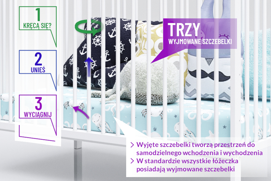 Trzy wyjmowane szczebleki w łóżeczku